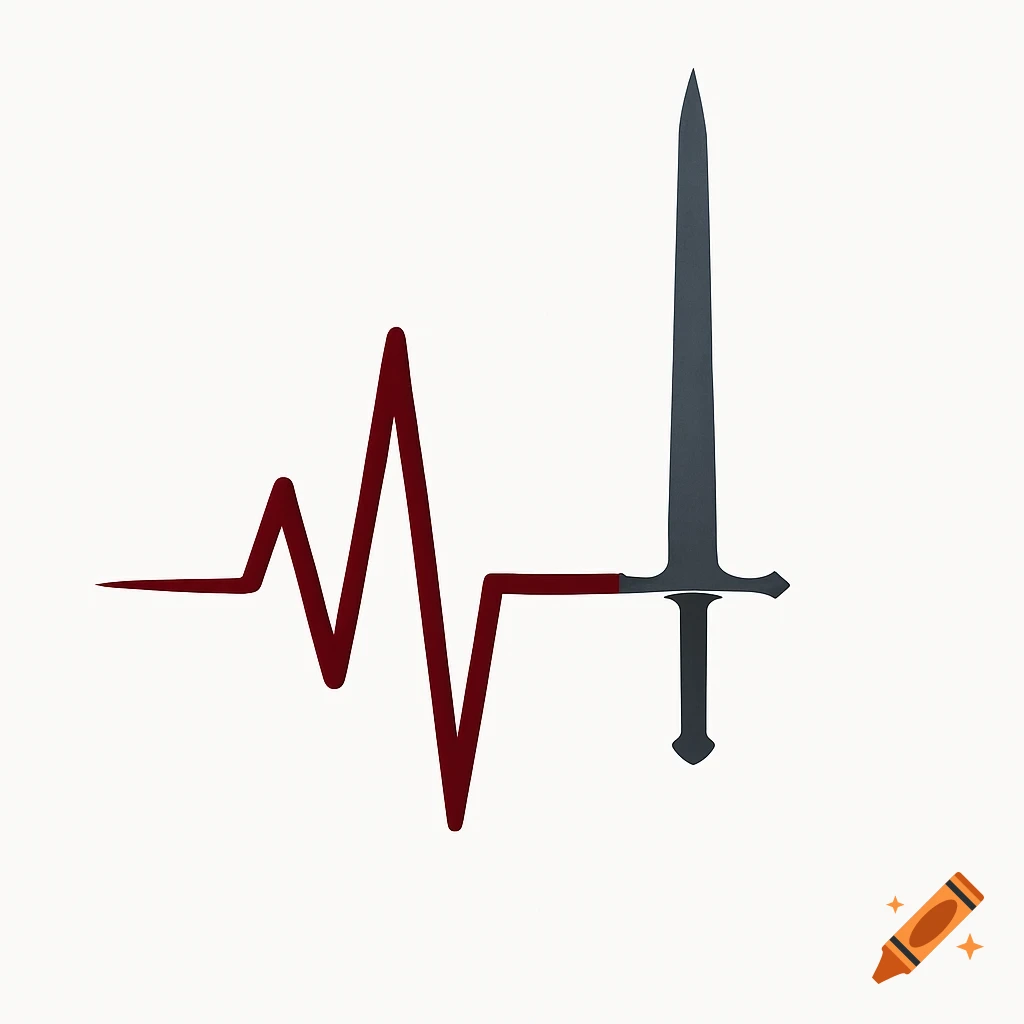 A minimalist graphic of a red heartbeat line transforming into a dark gray sword silhouette on a white background.