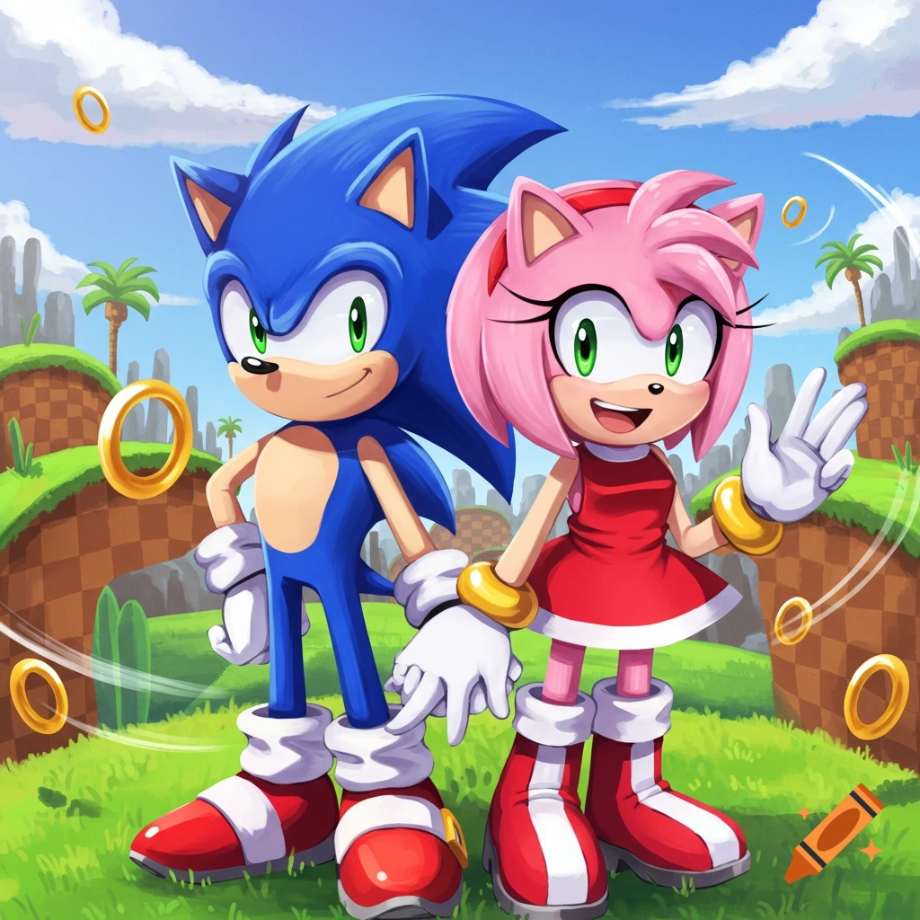 Sonic the Hedgehog and Amy Rose stand together, smiling in a vibrant green landscape with checkerboard hills and golden rings.