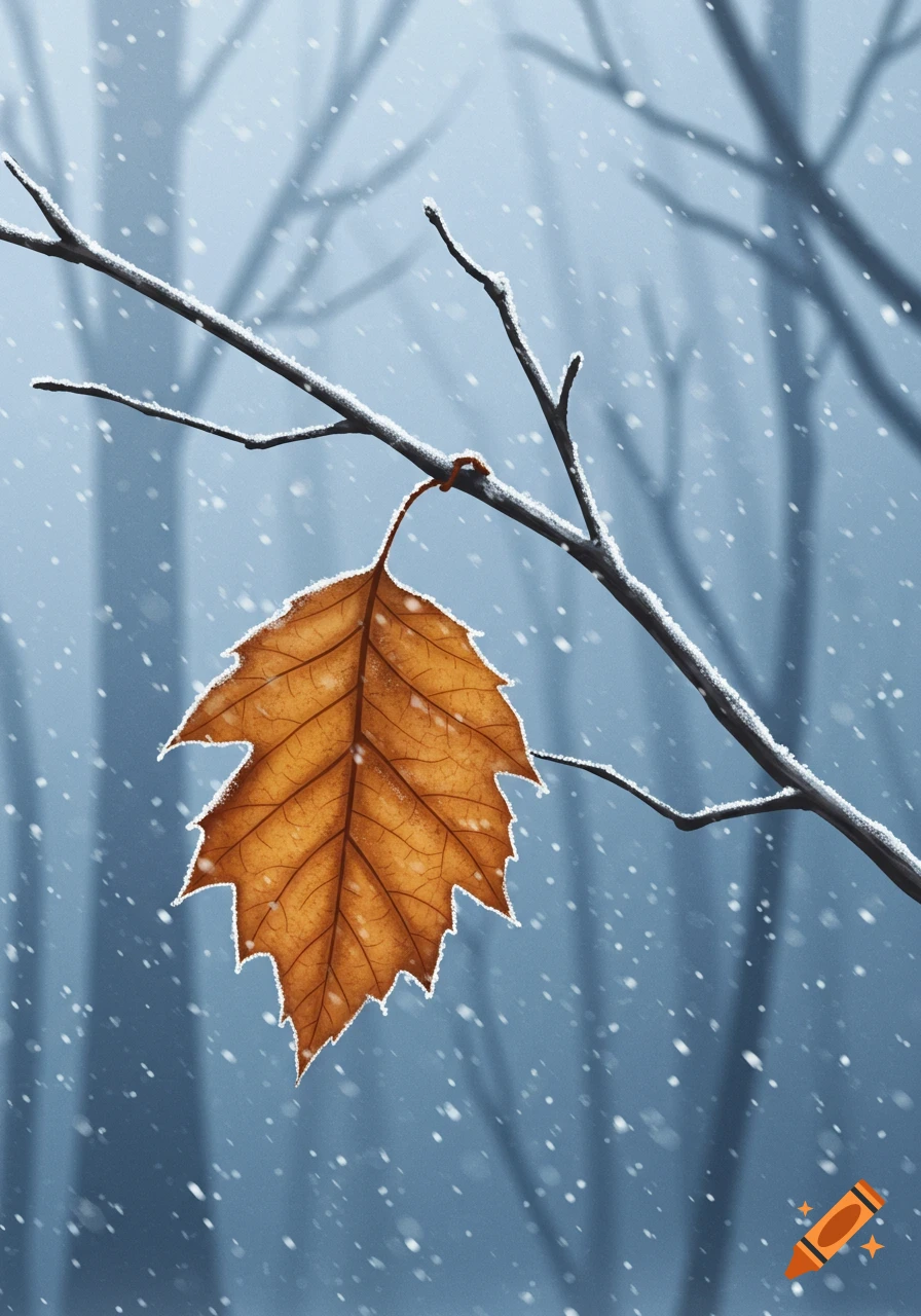 A frosty brown leaf hangs on a bare tree branch with falling snow in a cold, blue winter forest.