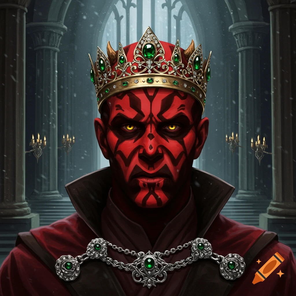 A majestic portrait of Darth Maul wearing an ornate gold and emerald crown and a red robe, standing in a gothic hall with columns and snow falling.