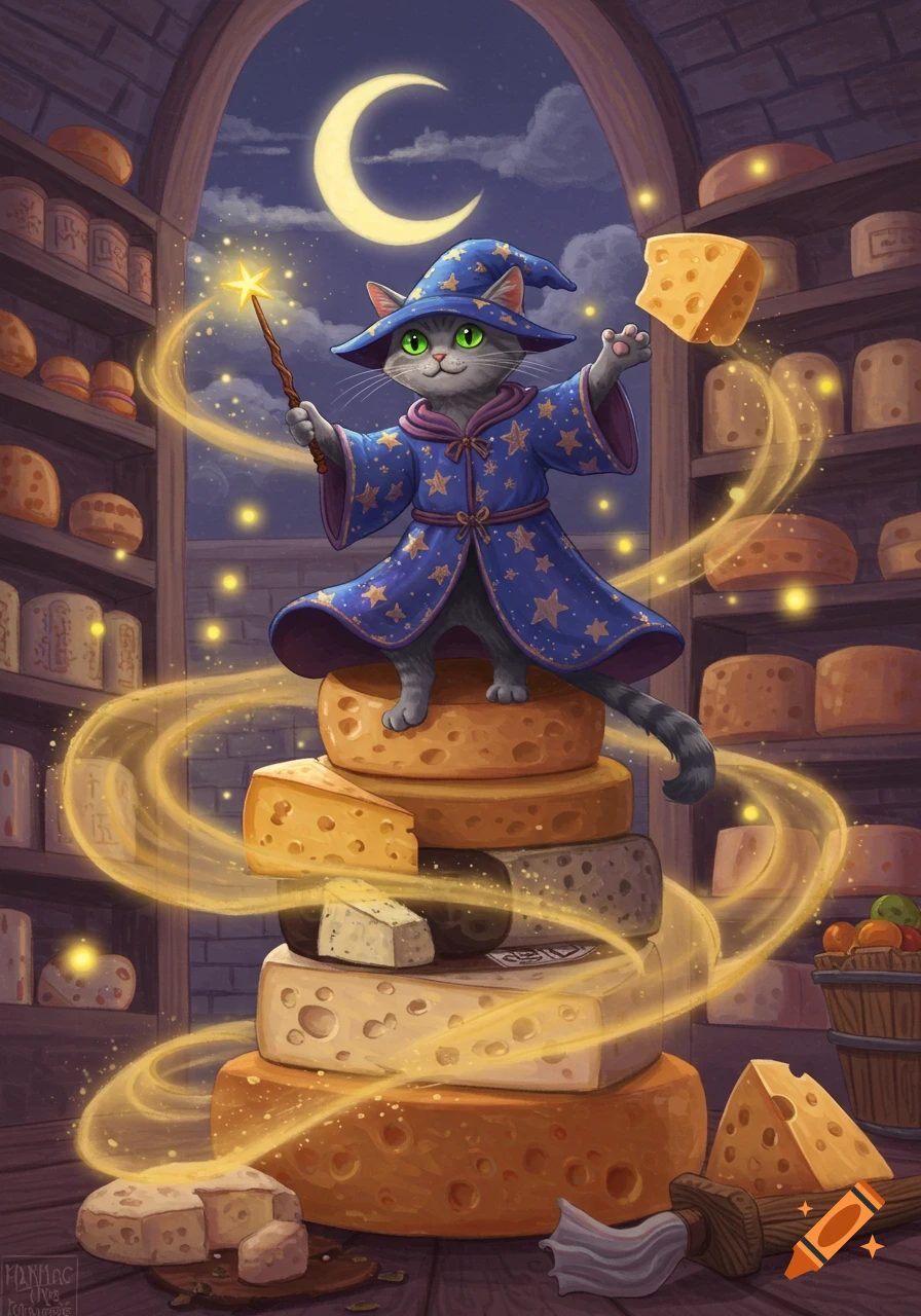 A cartoon grey cat wizard stands on a stack of cheese, casting a spell to float cheese around him, in a moonlit cheese cellar.