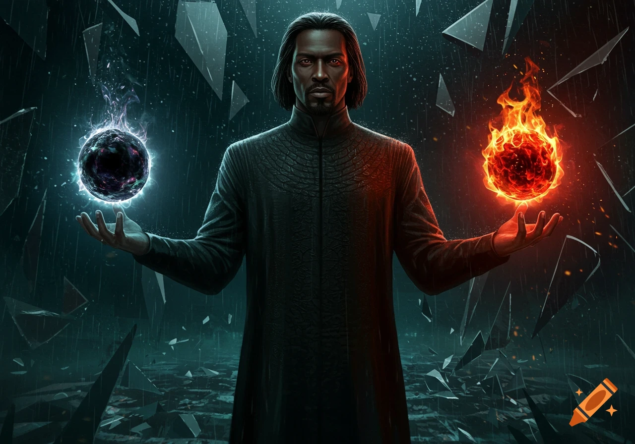 A man with dark skin holds a glowing black orb and a fiery red orb against a background of shattered glass.