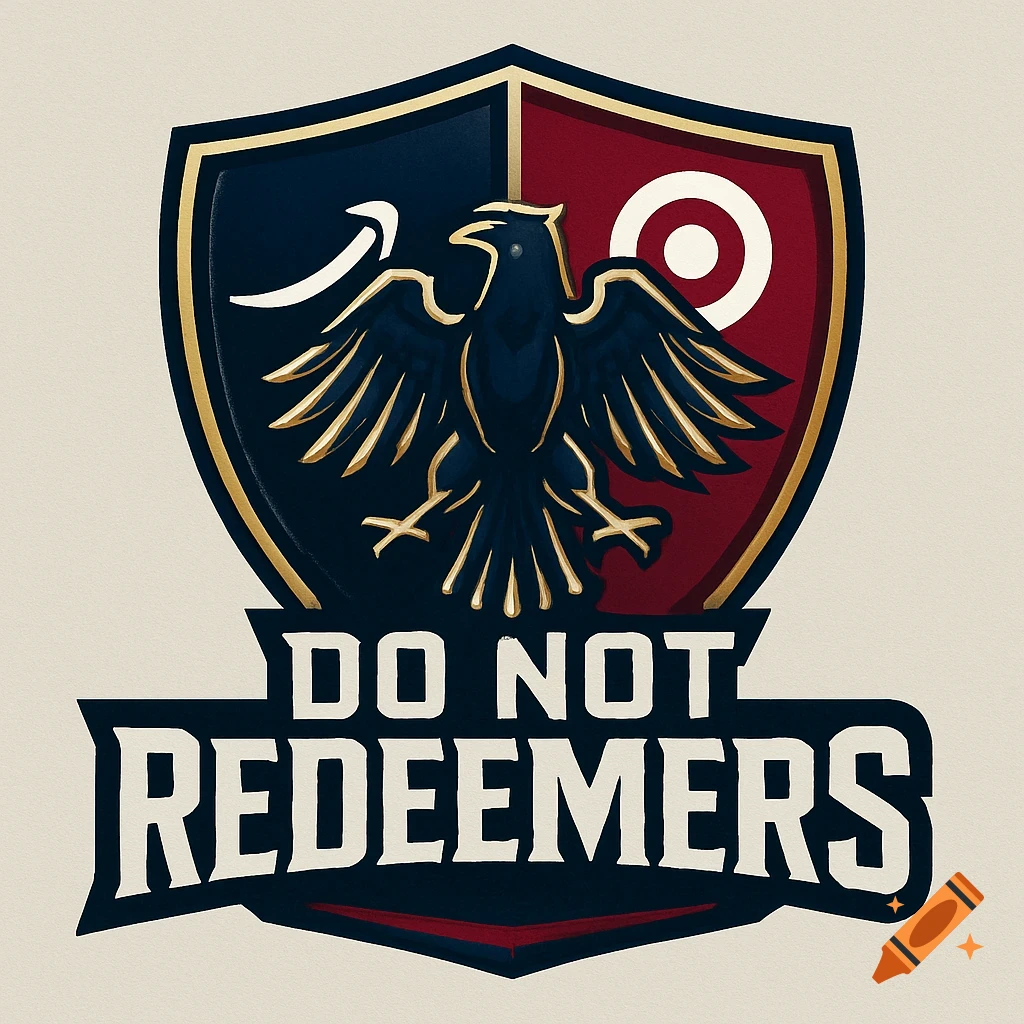 A sports team logo featuring a shield with an eagle, an Amazon-like arrow, a Target-like bullseye, and the text 'DO NOT REDEEMERS'.