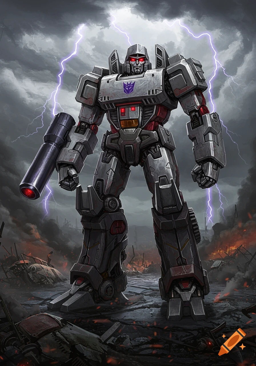 A powerful silver and red robot, Megatron from Transformers, stands in a desolate, smoking battleground under a stormy, lightning-filled sky. He holds a large blaster cannon.