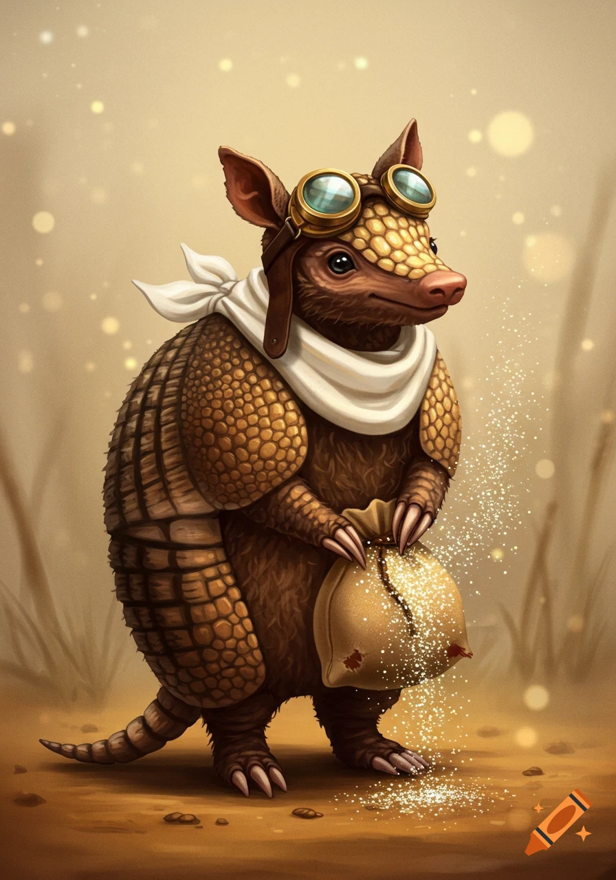 A cute armadillo wearing a white scarf and steampunk goggles holds a sack from which glitter spills onto the ground, in a whimsical illustration.