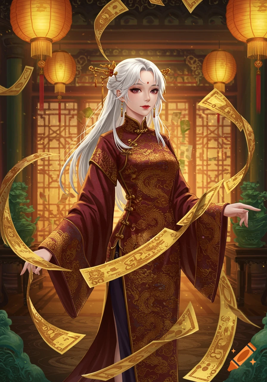 An anime-style Chinese woman with long white hair in a red traditional dress stands amidst golden money in a richly decorated room with lanterns.