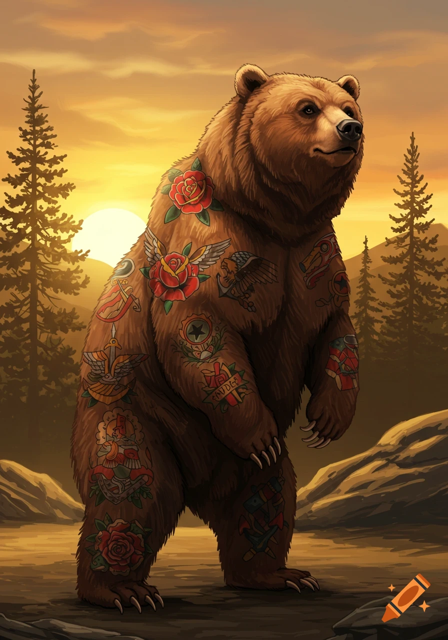 A brown bear stands in a forest at sunset, covered in colorful traditional American tattoos like roses and anchors.