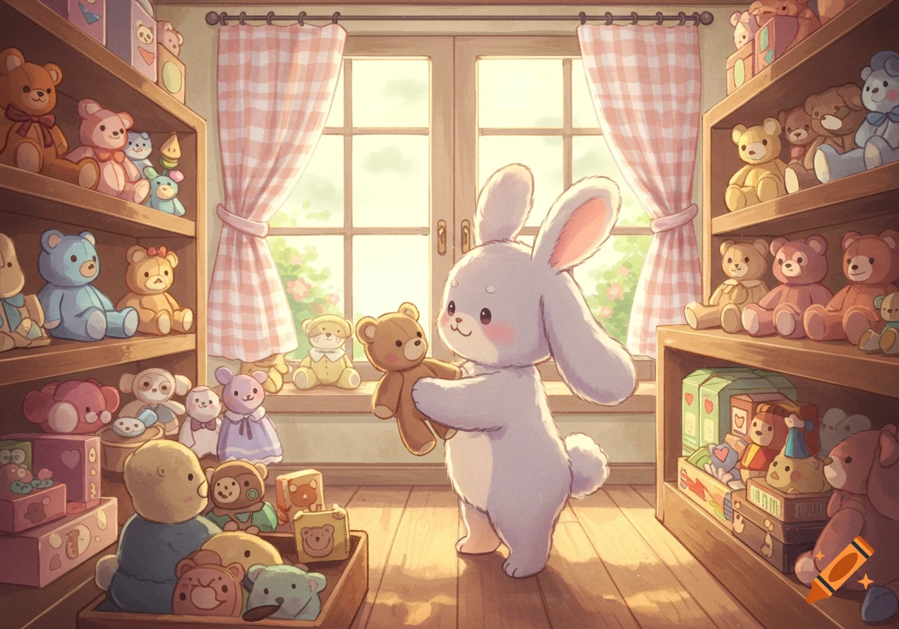 A cute light gray bunny holding a brown teddy bear in a sunlit room filled with shelves of colorful stuffed animals and toys, in a cartoon style.