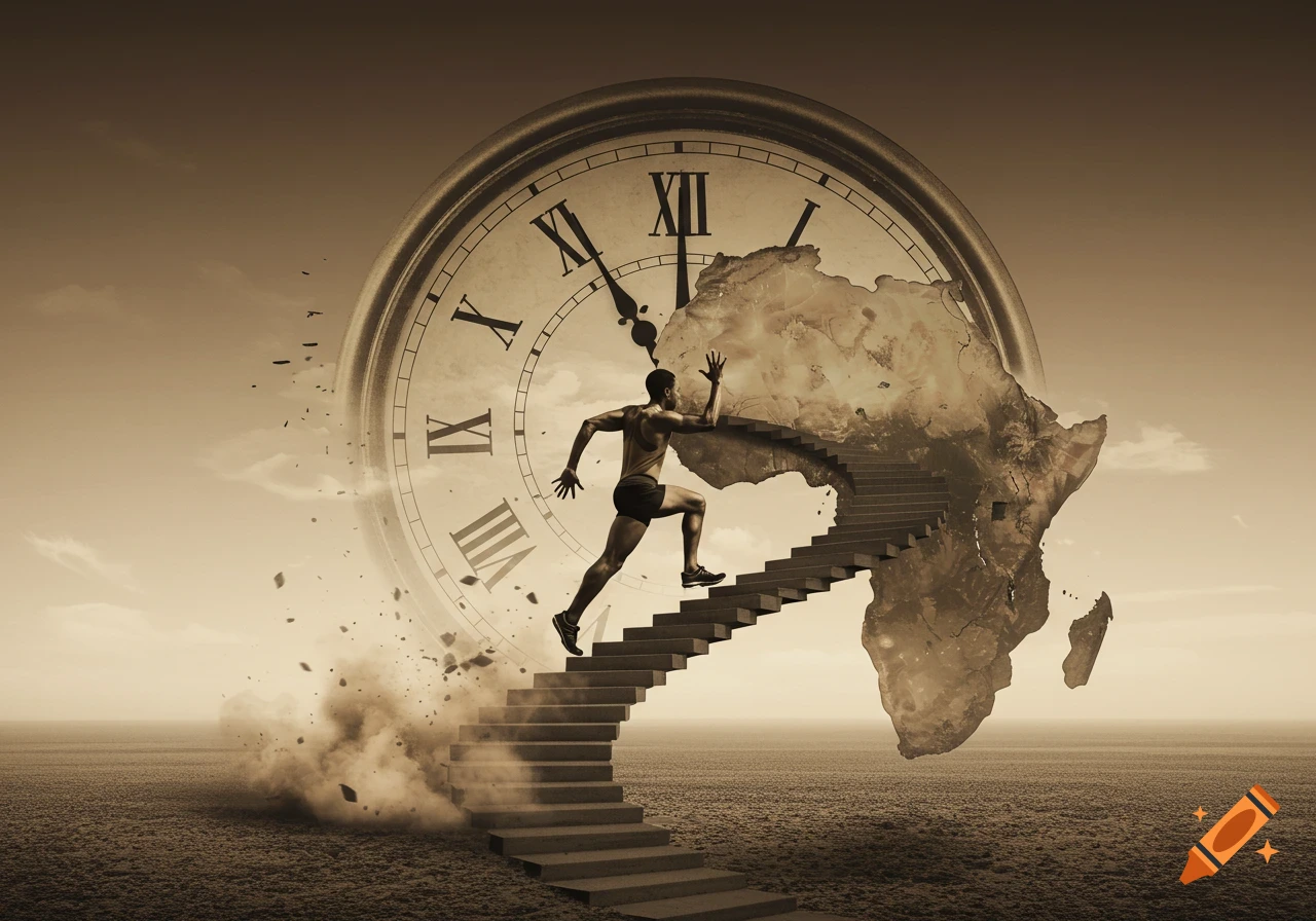 A man runs up steps towards a crumbling map of Africa, set against a large clock face, symbolizing time running out.