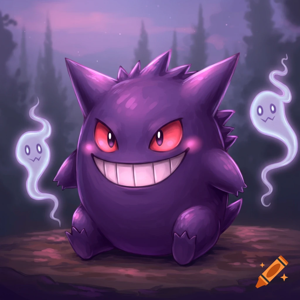 A cute, purple Gengar with red eyes and a wide smile sits on a log, flanked by two small white ghost spirits in a mystical purple forest.