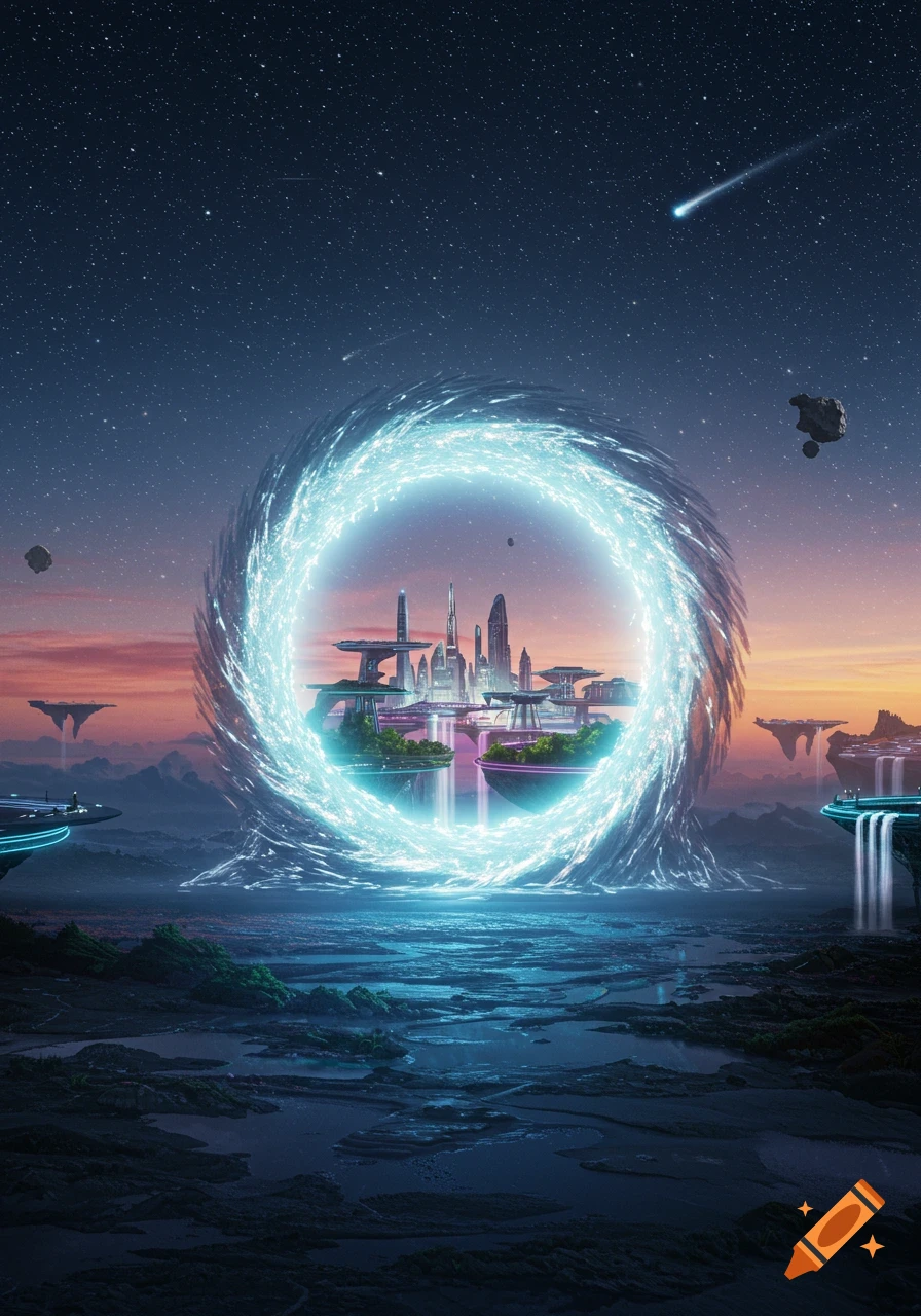 A bright blue swirling portal opens to a futuristic city with tall buildings and floating platforms under a star-filled sky at sunset.