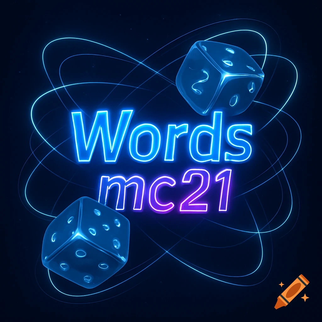 Neon blue text 'Words mc21' with a purple gradient, accompanied by two translucent blue dice and abstract glowing lines.
