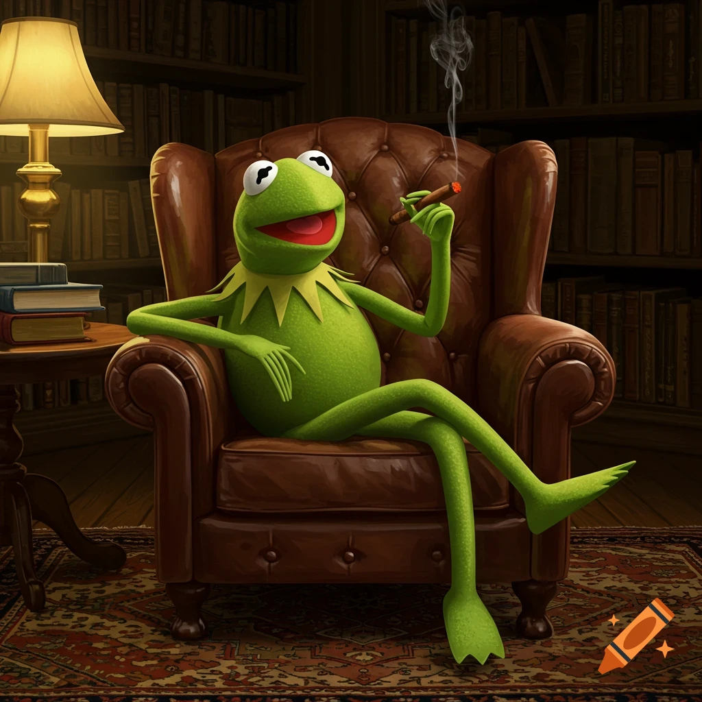 Kermit the Frog sits casually in a brown leather armchair, smoking a cigar, in a dimly lit library with bookshelves.