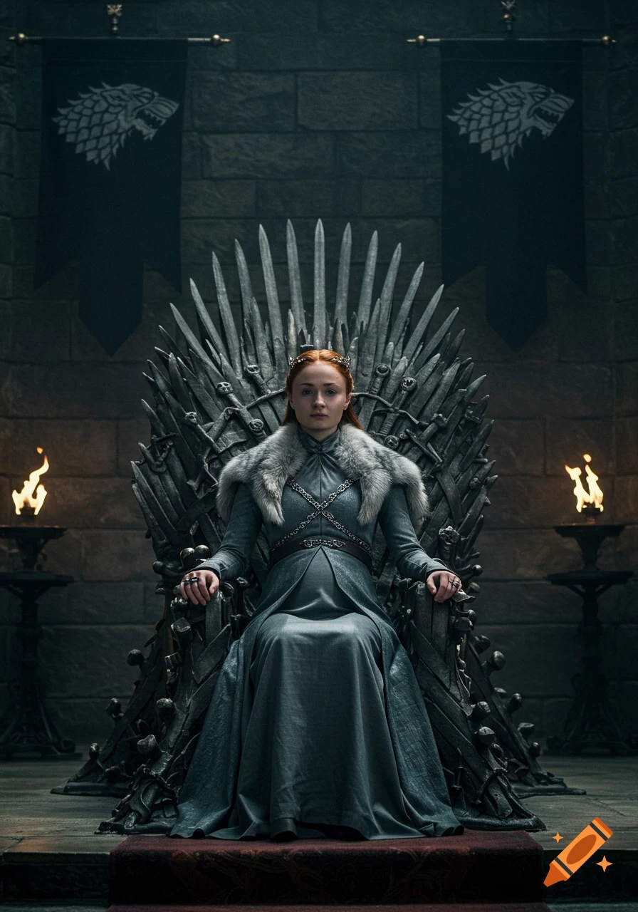 Sansa Stark sits on the Iron Throne in a long grey dress and fur collar, with House Stark banners behind her.