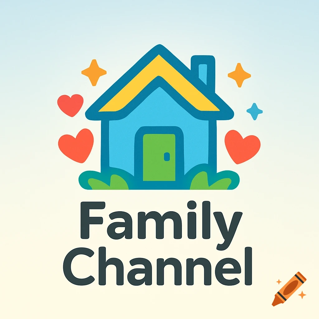 A cartoon logo featuring a blue house with a yellow roof, red hearts, and stars, above the text "Family Channel" on a gradient background.