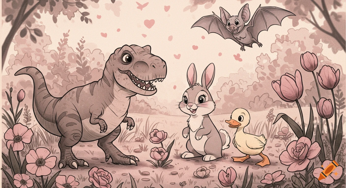 A friendly cartoon T-Rex, bunny, and duckling stand among pink flowers with a bat flying above in a Disney-inspired nature scene.