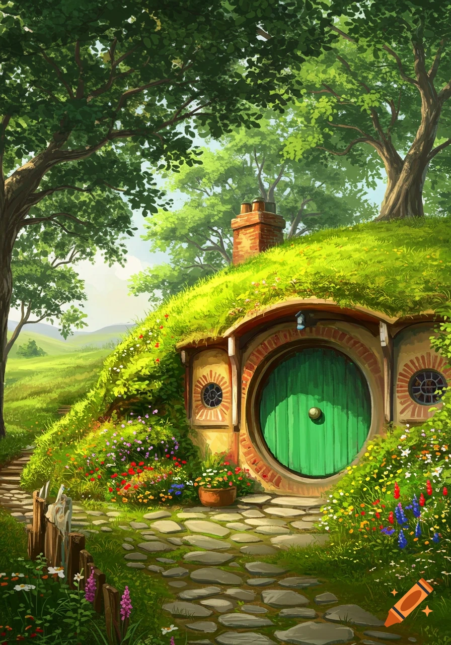 Vibrant illustration of a hobbit hole with a green circular door built into a grassy hill, surrounded by colorful flowers, trees, and a stone path.
