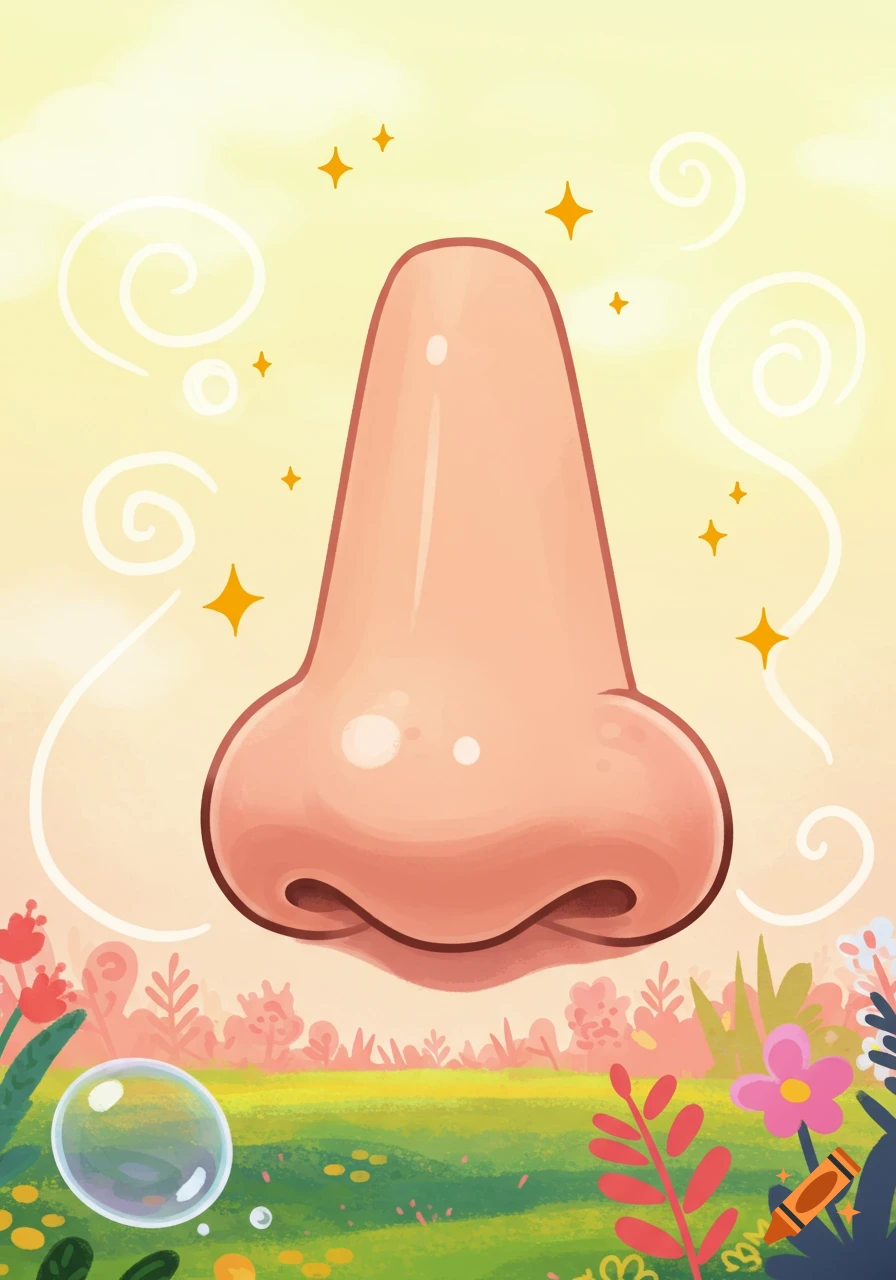 A vibrant cartoon illustration of a human nose floating above a colorful landscape with flowers and a yellow sky.