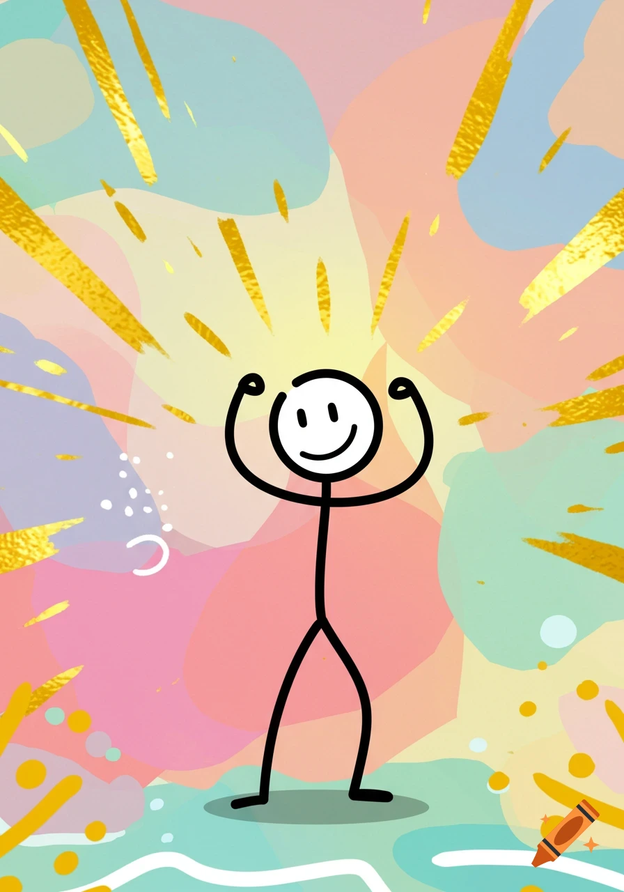 A happy stick figure with raised arms stands against a vibrant, abstract background with gold streaks.