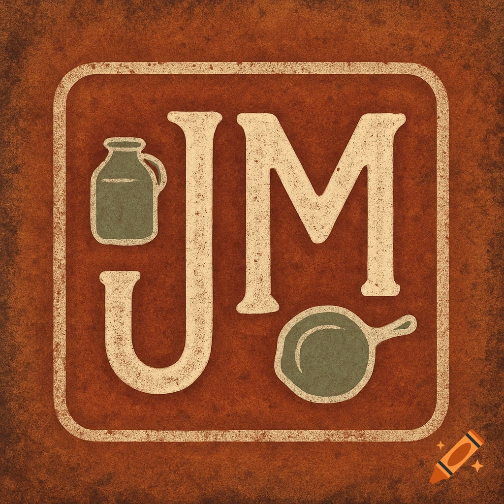 Rustic logo with stylized beige letters JM, a green jug, and a green skillet on a textured brown background, framed by a rounded rectangle.