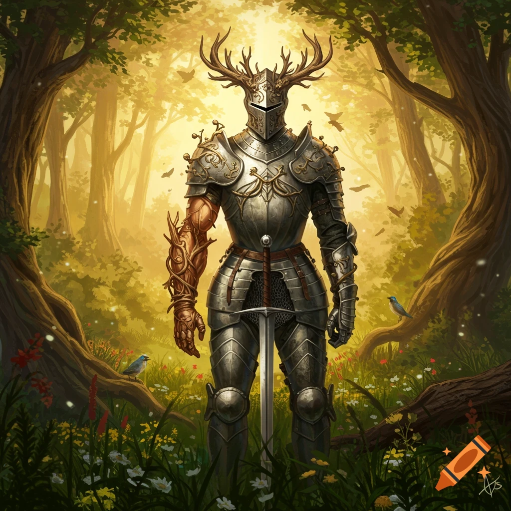 A majestic knight in ornate silver armor with deer antlers on the helmet, and one arm appearing like tree roots, stands in a sunlit forest.