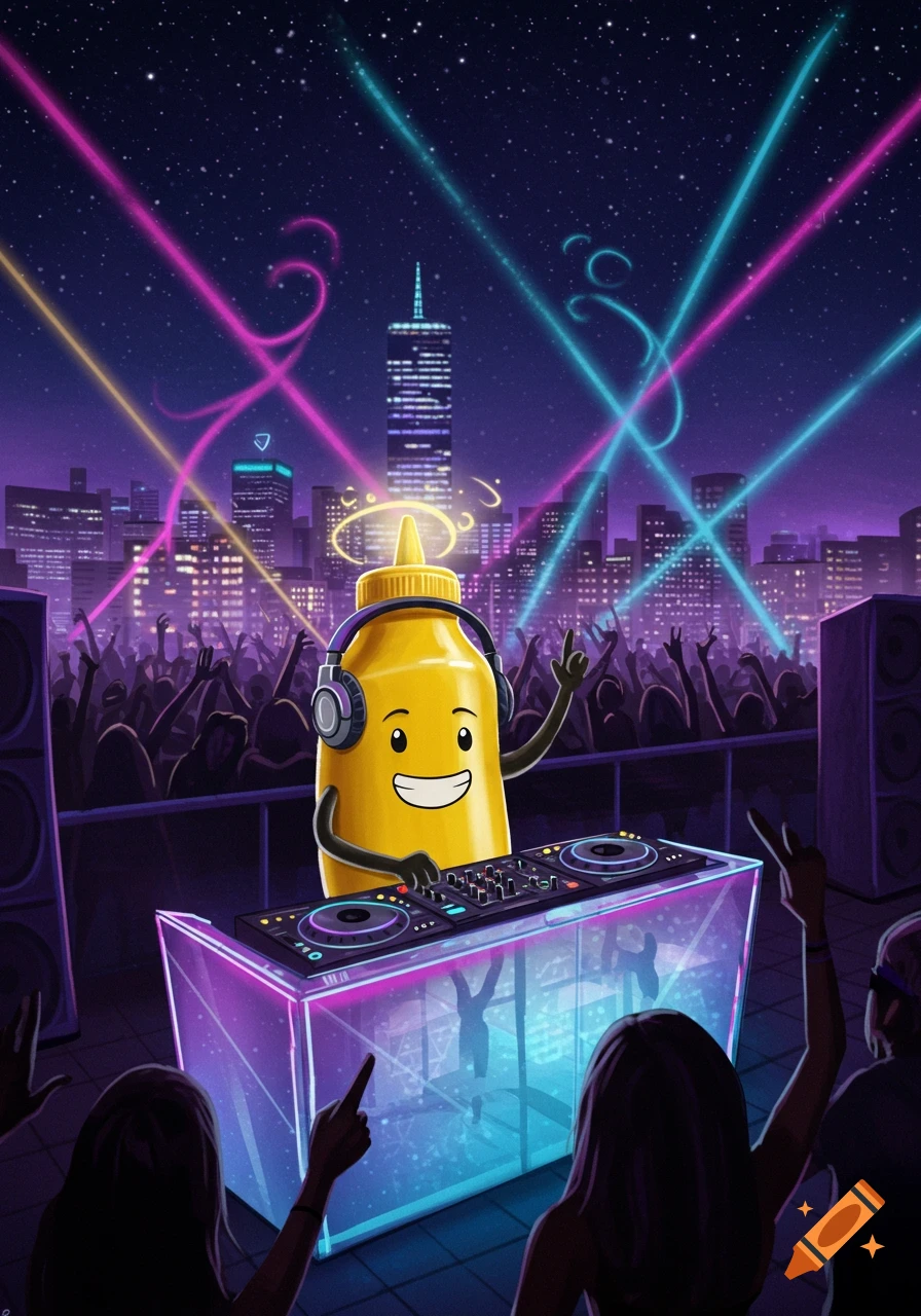 A cartoon mustard bottle with headphones DJs a lively rooftop party against a futuristic city skyline with neon lights.