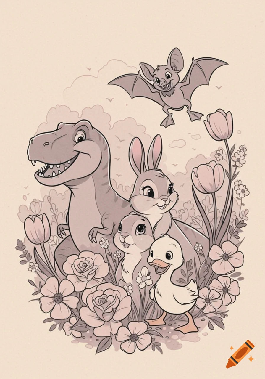 Black and grey cartoon of a smiling T-Rex, bunny, and duckling among flowers, with a bat flying above.