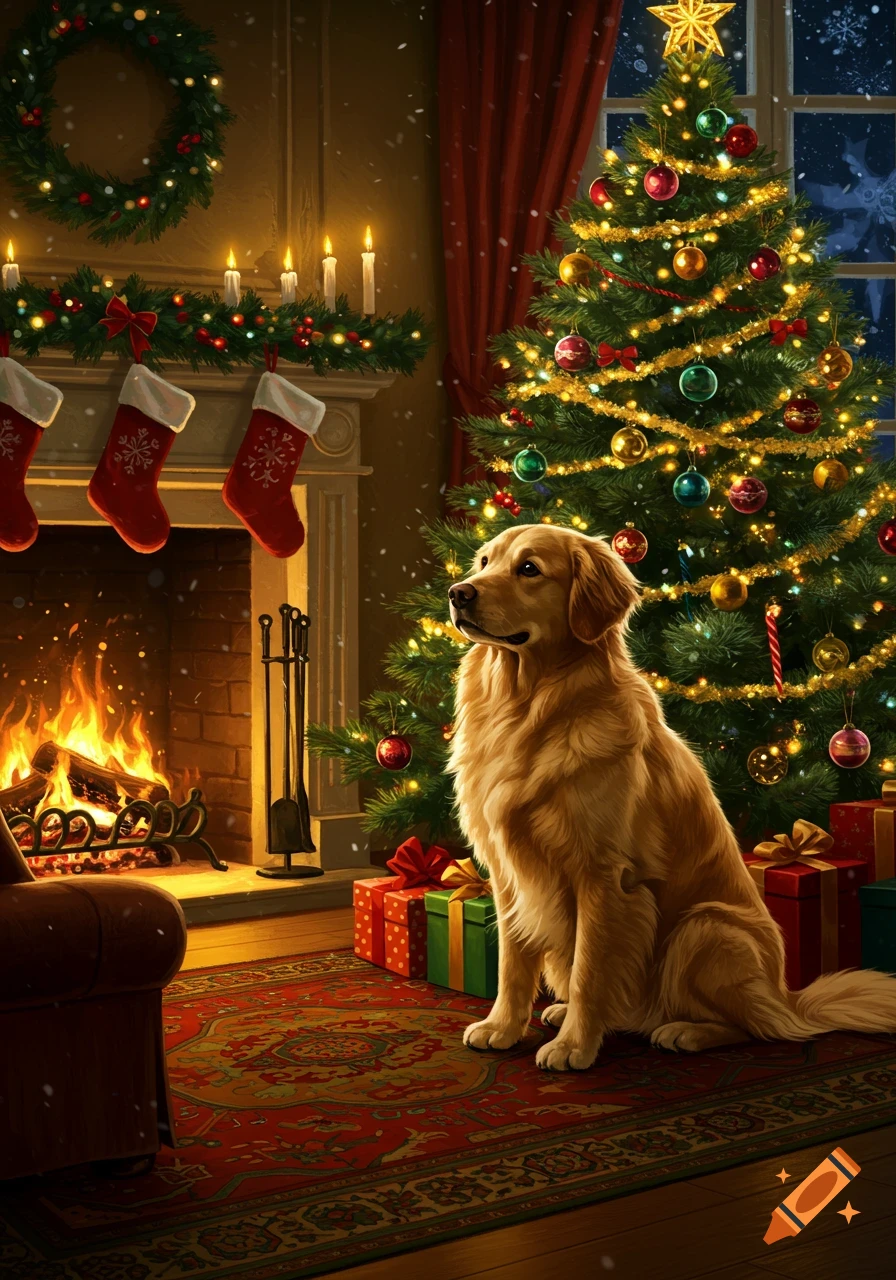A photorealistic Golden Retriever dog sits calmly in a cozy room by a lit fireplace and a decorated Christmas tree.