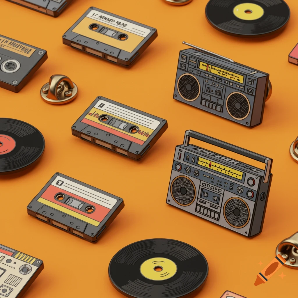 Close-up of retro audio enamel pins, including cassette tapes, boomboxes, and vinyl records, scattered on a vibrant orange background.
