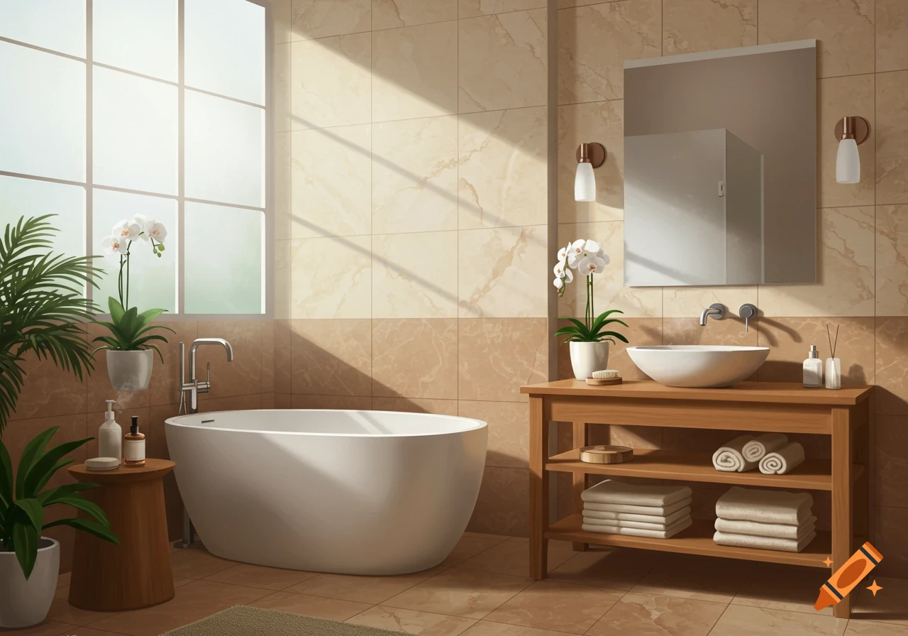 A bright, modern bathroom with a white bathtub, a wooden vanity with a vessel sink, and potted plants under a large window.