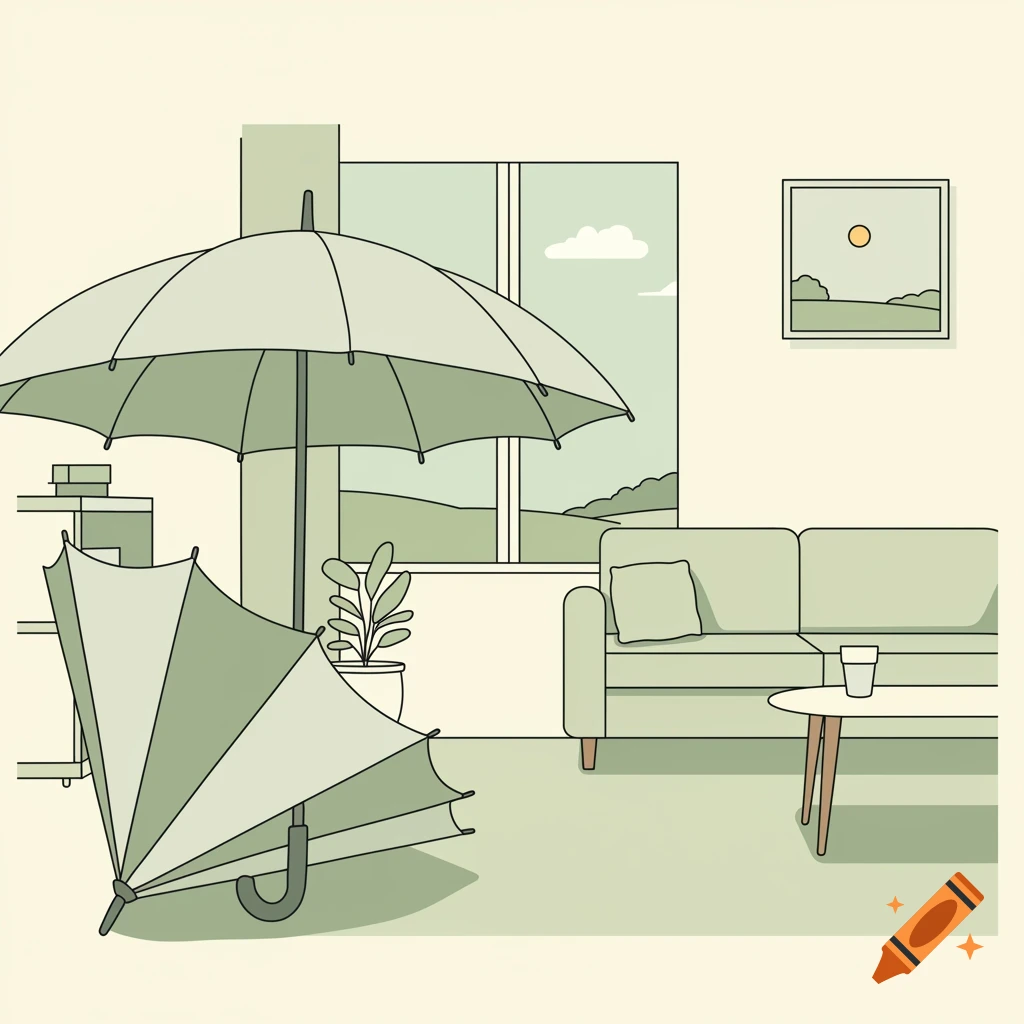 A simple illustration of two umbrellas in a living room with a couch, window, and plant, symbolizing protection.
