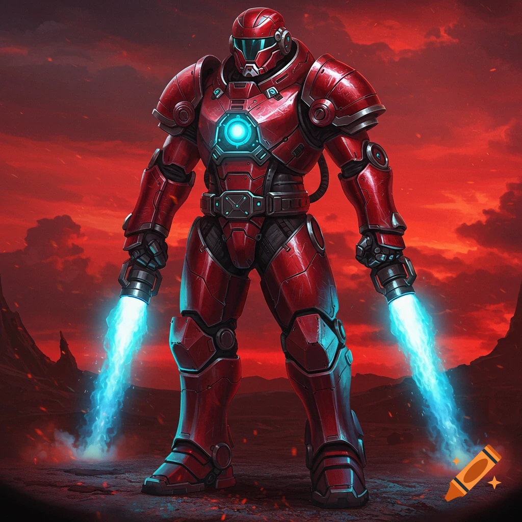 A towering red armored robot with a glowing cyan chest core stands in a desolate red landscape, emitting bright cyan energy streams from its hands.
