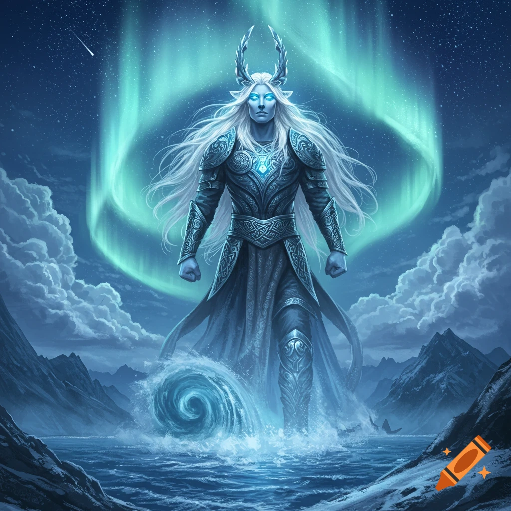 A blue-skinned god-like figure with antlers and white hair, in ornate armor, stands in icy water under an aurora borealis.