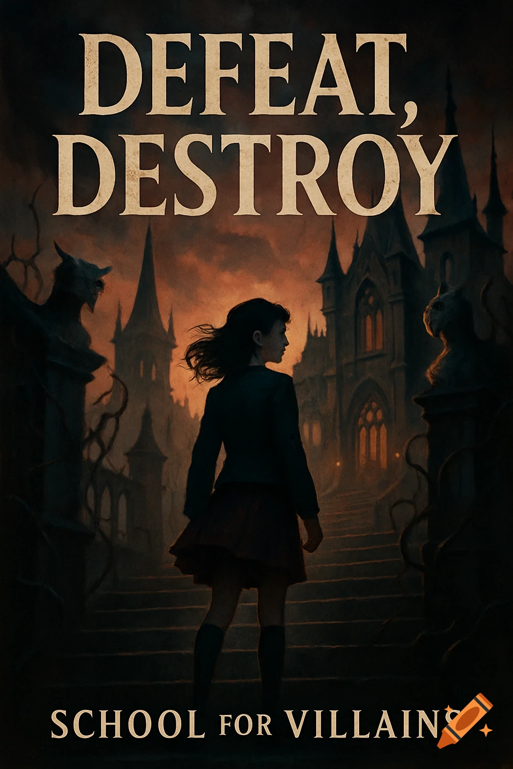 Illustration of a girl on stairs facing a gothic castle, with 'DEFEAT, DESTROY' and 'SCHOOL FOR VILLAINS' on the cover.