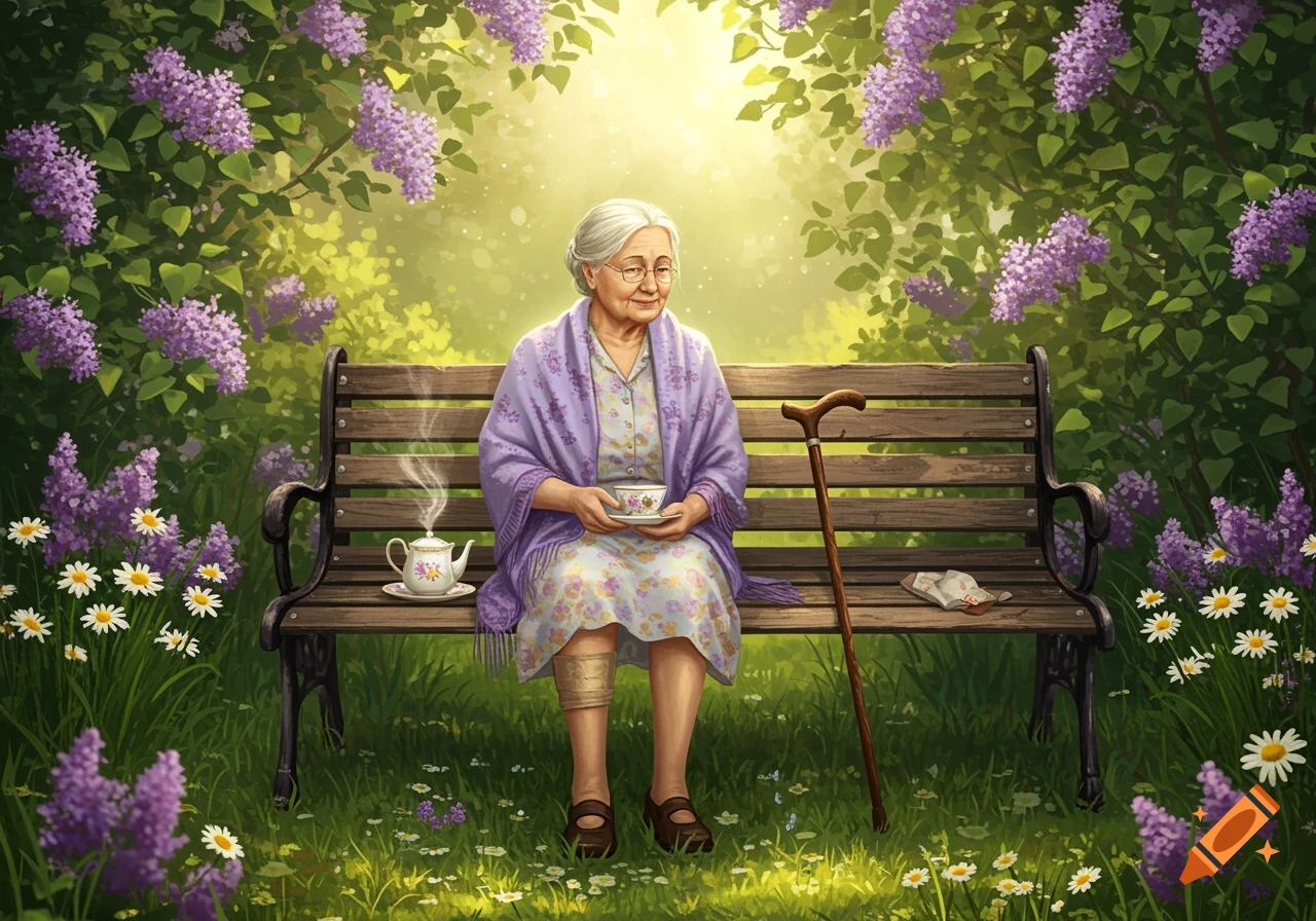 Elderly woman sitting on a bench in a garden with purple flowers, holding a teacup, with a teapot and walking stick beside her.