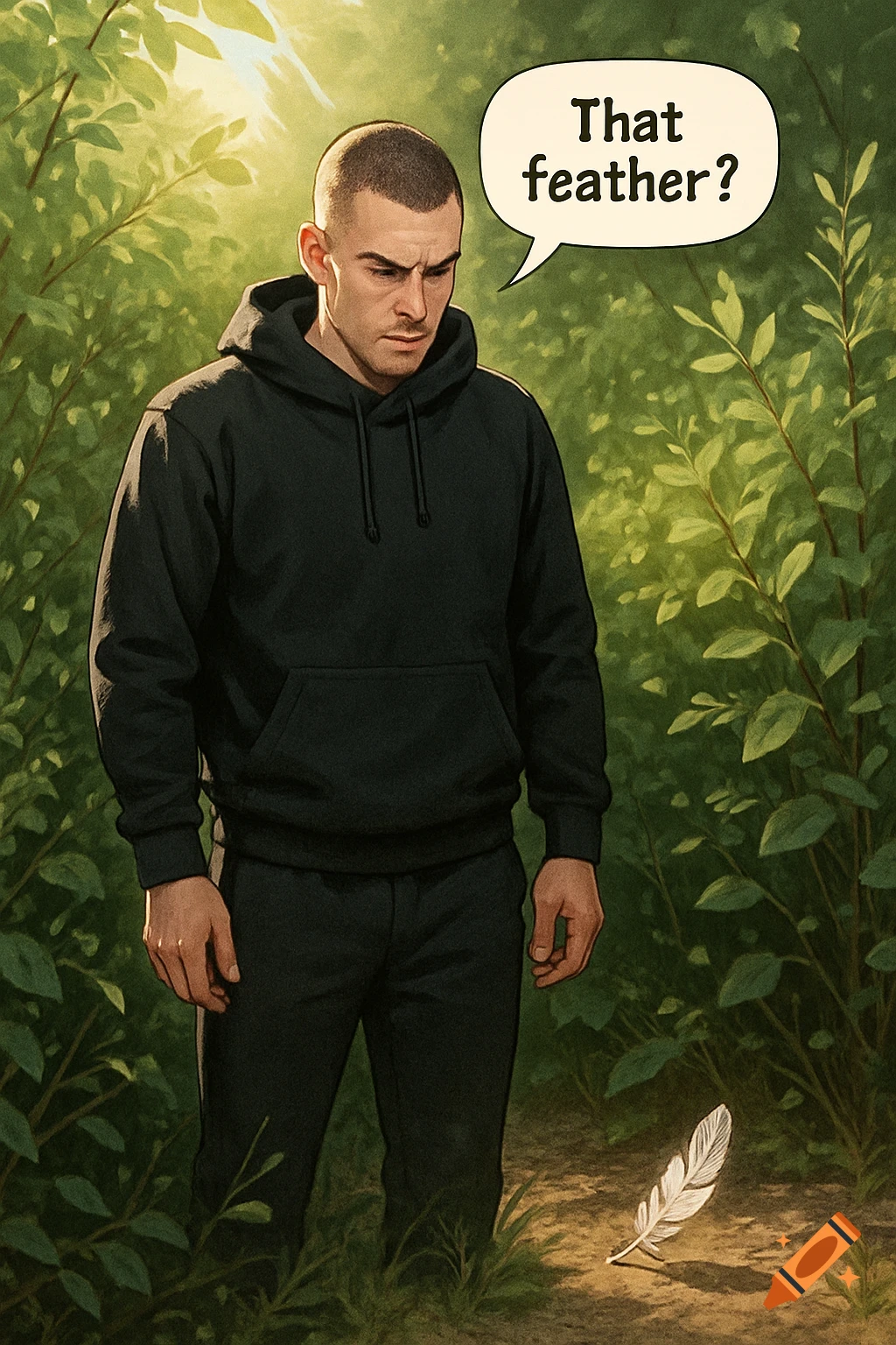 An illustration of a man with a buzz cut and black hoodie looking at a white feather on the ground in a leafy forest. A speech bubble above his head says, 'That feather?'