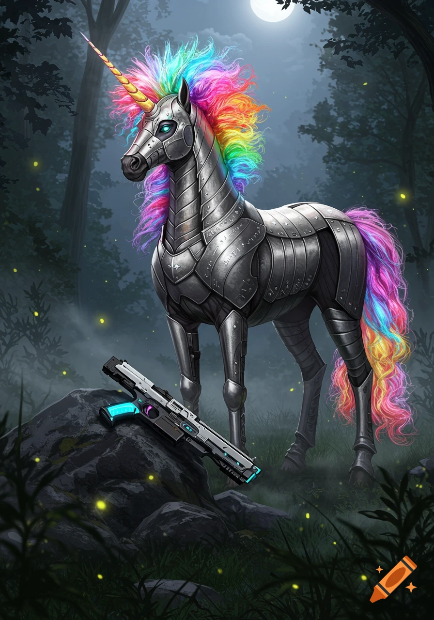 An armored unicorn with a rainbow mane and tail stands in a dark forest at night, a futuristic rifle on a rock.