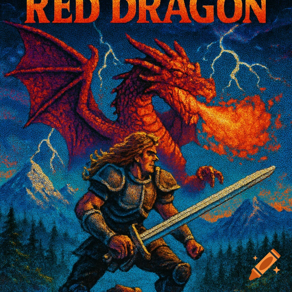 A fantasy-style 90s game box art featuring a warrior with a sword and a fire-breathing red dragon under lightning, with the text "RED DRAGON" at the top.