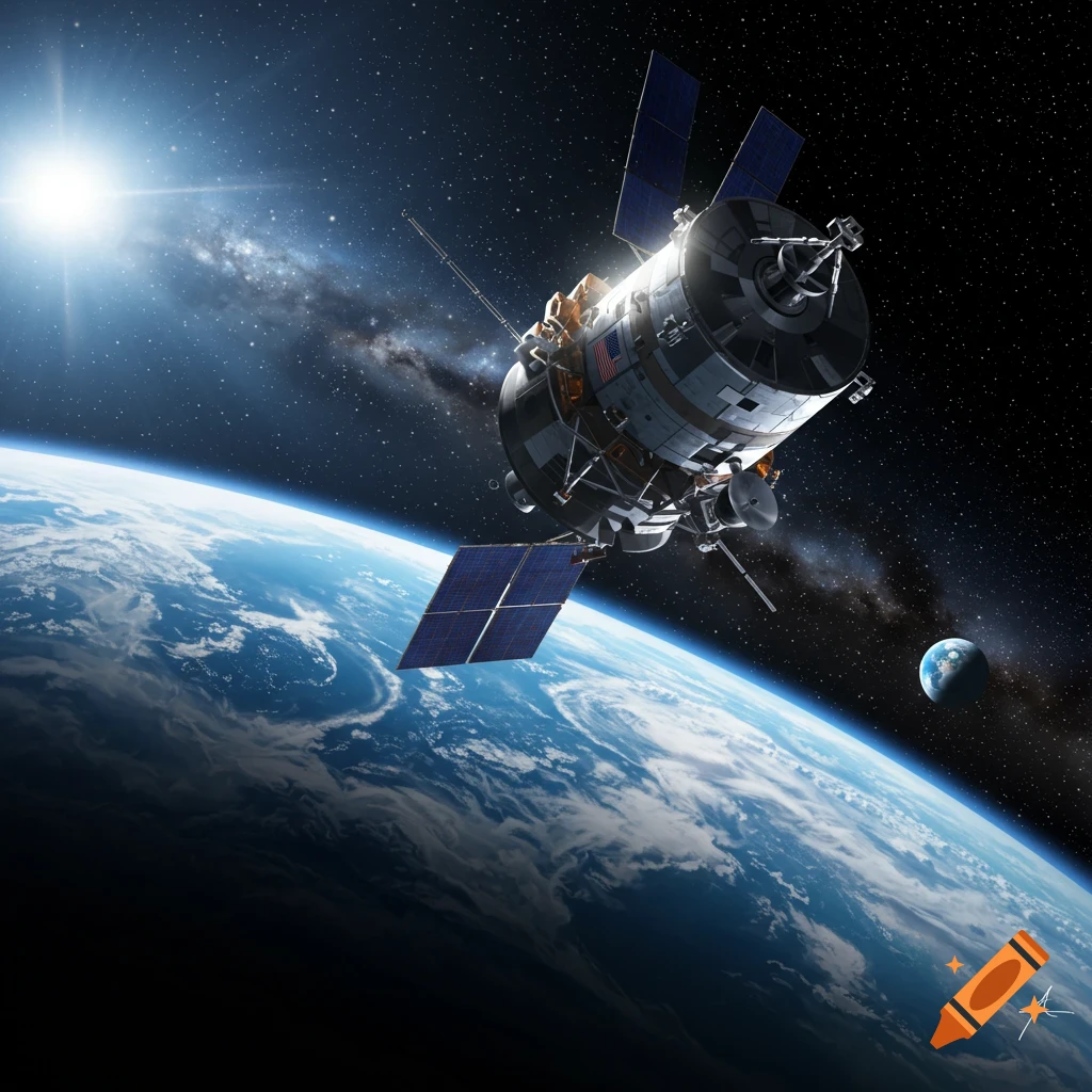 A detailed view of a spacecraft orbiting Earth, with the sun's glare and the Milky Way in the background.