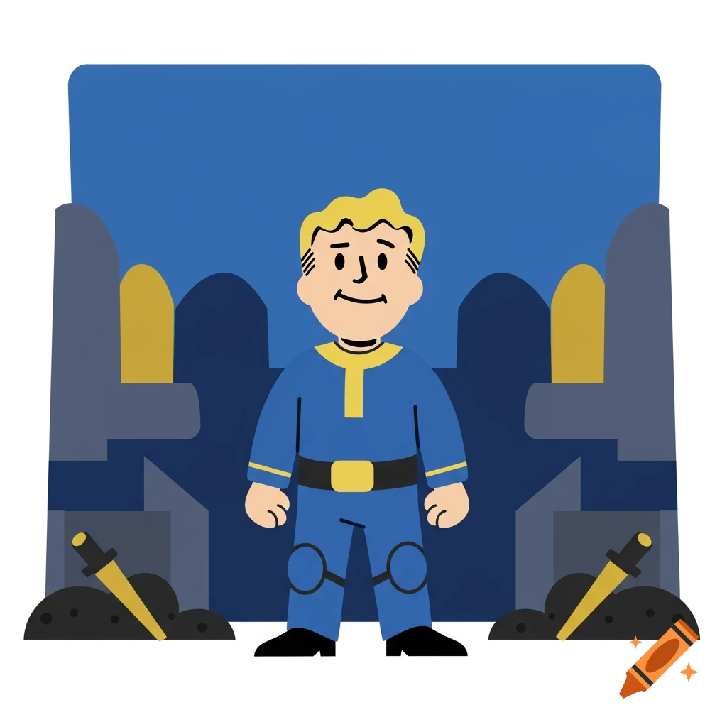 Cartoon illustration of Vault Boy in blue and yellow suit, standing before a blue vault entrance with two swords.