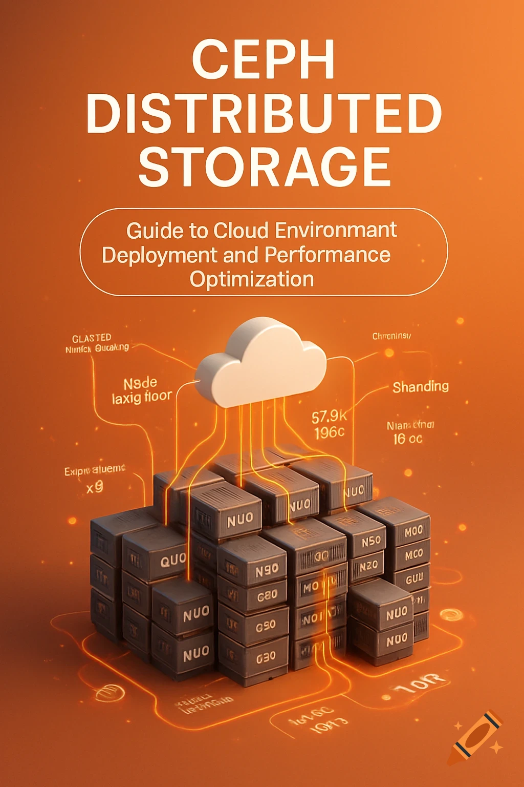 A 3D illustration of a Ceph distributed storage system with server blocks connected to a cloud icon, on an orange background with technical text.