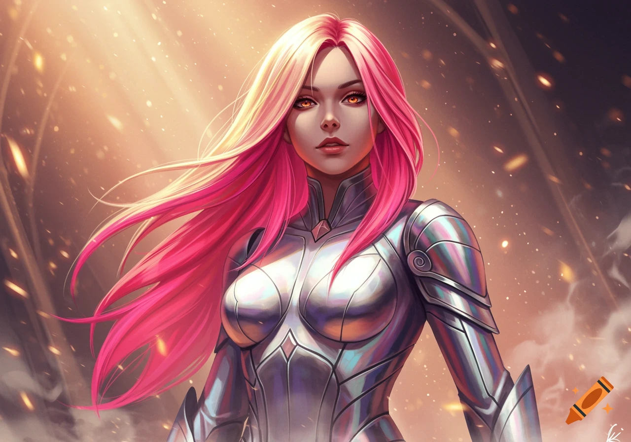 A digital art portrait of a woman with blonde to pink hair, amber eyes, and sleek silver armor against a glowing, fiery background.