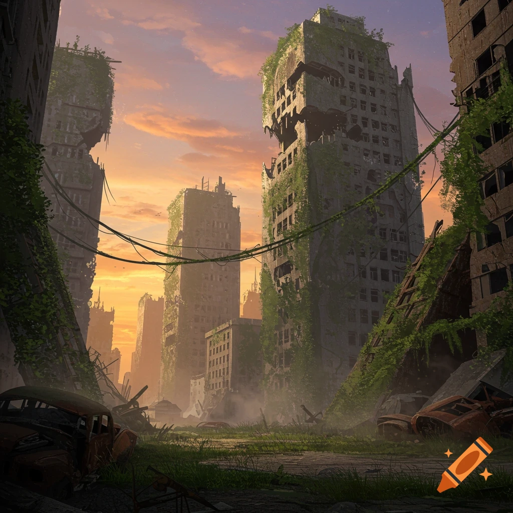A desolate post-apocalyptic cityscape at sunset, with ruined buildings overgrown by vines and abandoned cars in the foreground.