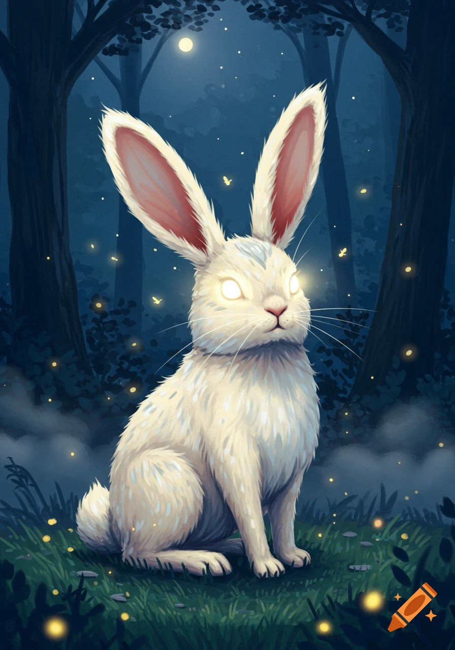 A white rabbit with bright glowing eyes sits in a dark, moonlit forest with small glowing fireflies.