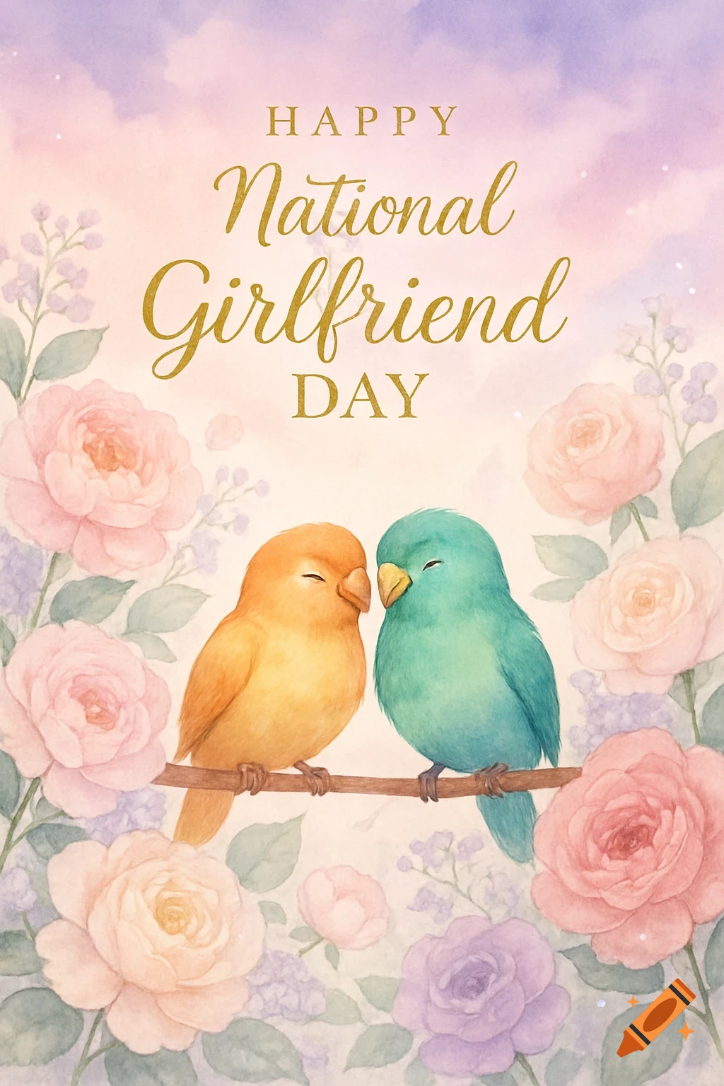 Watercolor greeting card with two birds on a branch, surrounded by pink and purple flowers. Text reads "HAPPY National Girlfriend DAY".
