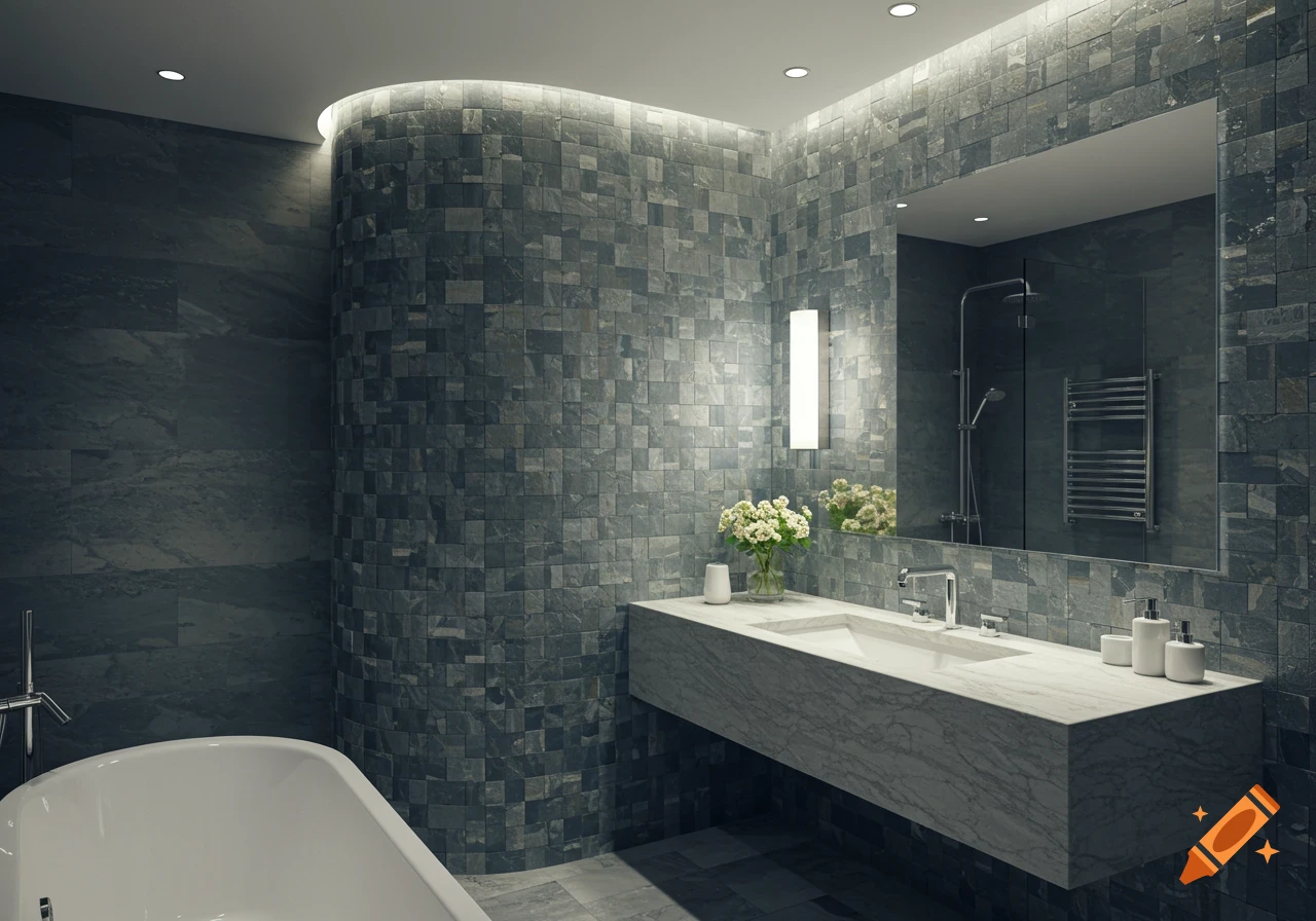 A modern bathroom with grey tiled walls, a floating marble vanity with a sink, a white bathtub, and integrated lighting.