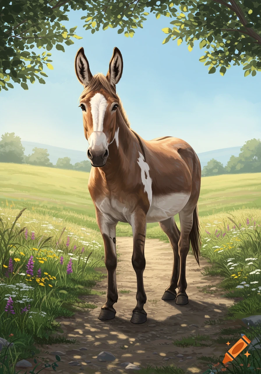 A brown and white mule stands on a dirt path in a sunny green field with flowers, under tree branches.