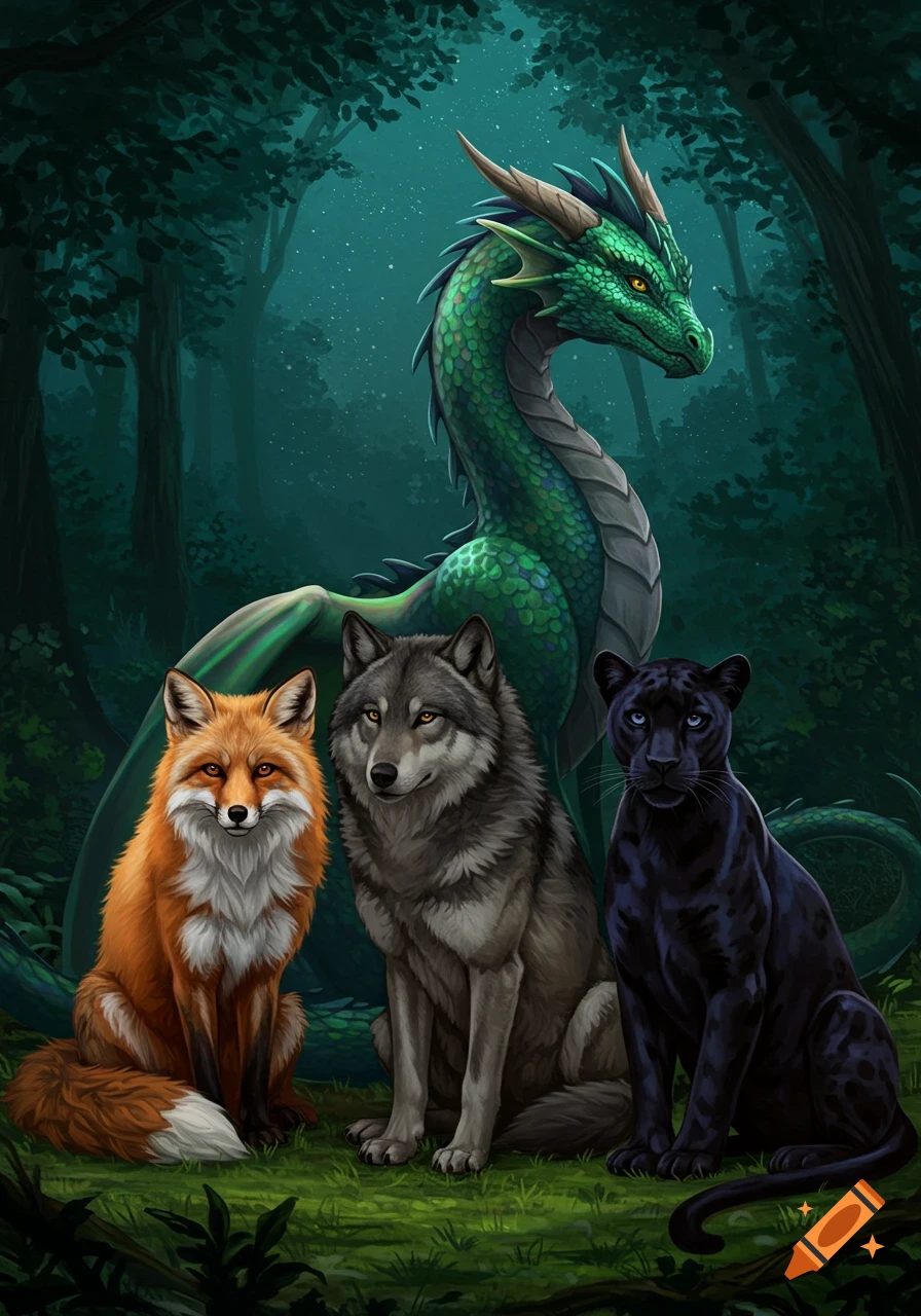 A green dragon, a fox, a wolf, and a black panther sit together in a dark, misty forest. Illustrative style.