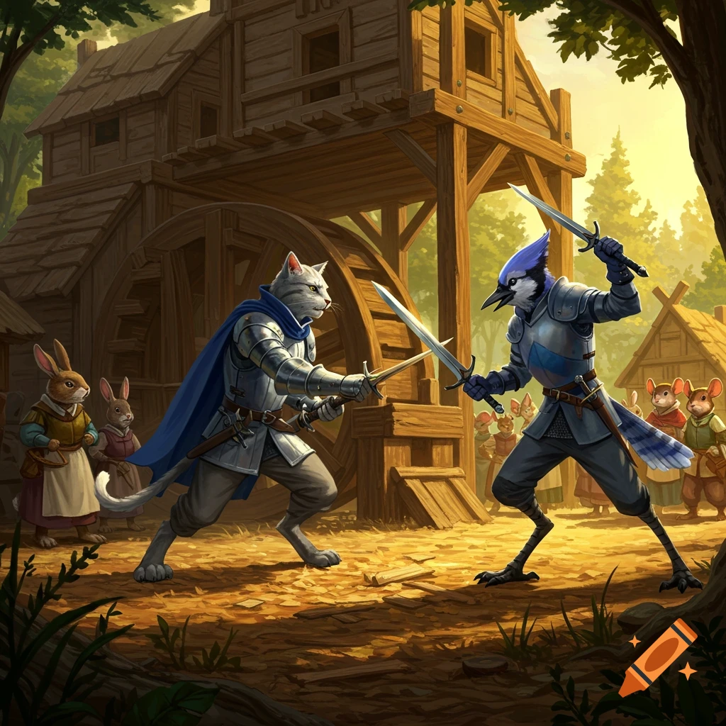 An anthropomorphic cat and bluejay in armor duel with swords at a sawmill while bunny and mouse villagers watch.