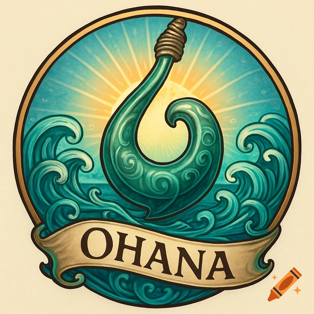 Round emblem with a green stylized Maui hook, vibrant waves, and a sunburst. A banner at the bottom reads OHANA.